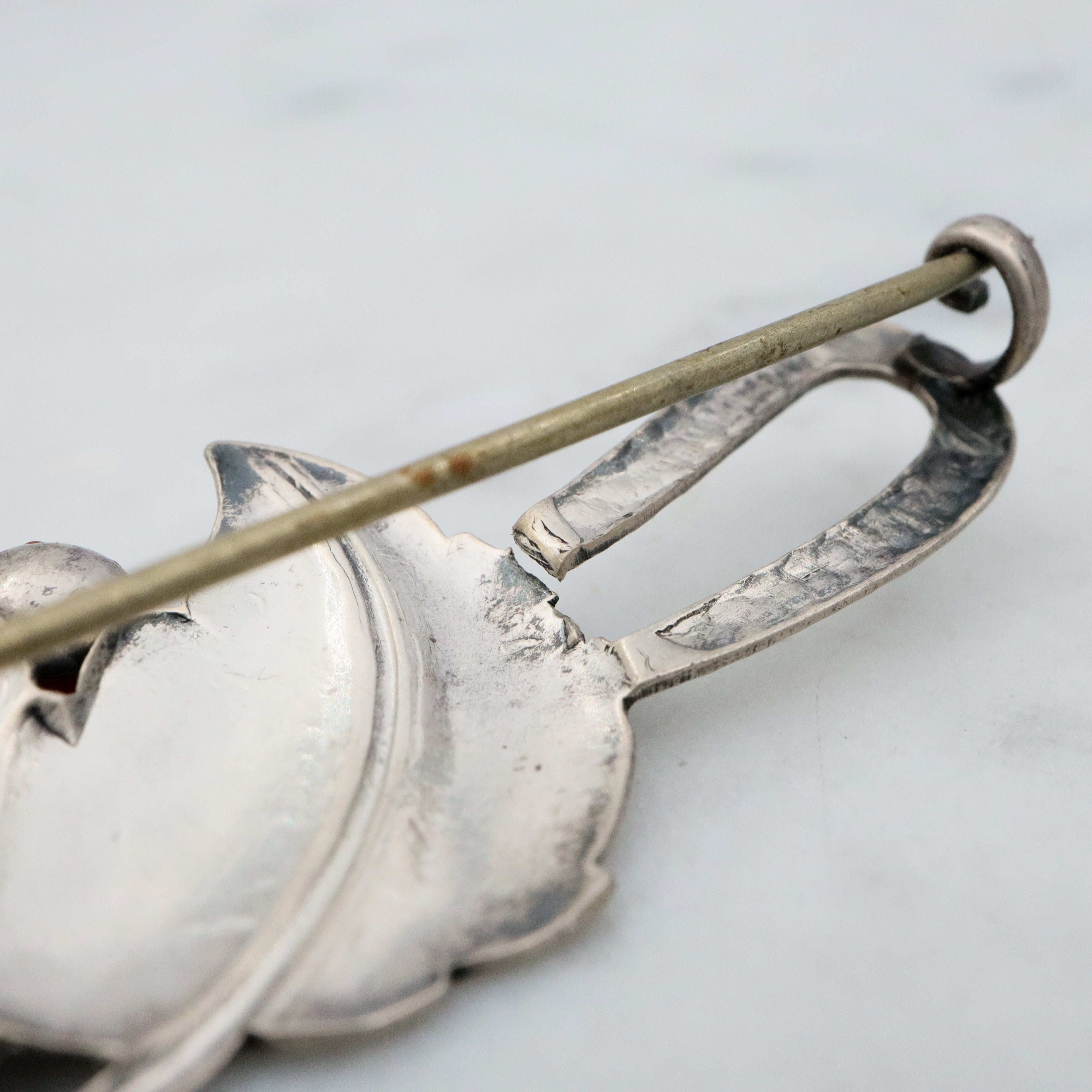 Antique Scandinavian Art Deco sterling coral leaf brooch